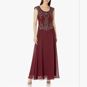 NWT J Kara Beaded Cap Sleeve Formal Chiffon Dress 6P Cranberry